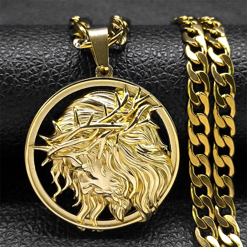 Jesus Crown of thorns Men's Necklace Stainless Steel Gold Color Chain Crucifix Medal Male Neckalces Religious Jewelry