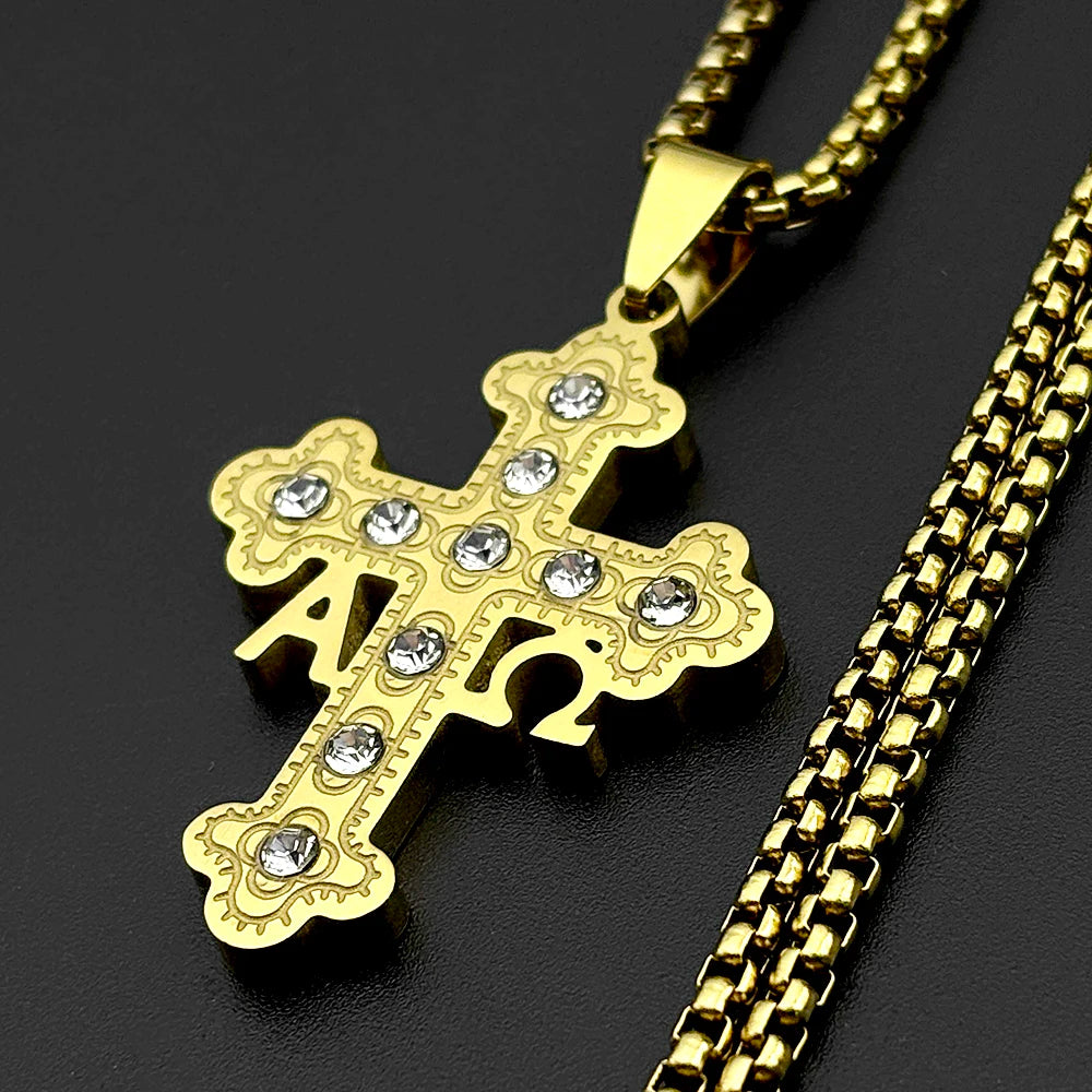 Orthodox Alpha Omega Cross Necklace Men Women Stainless Steel Gold Color Crystal Byzantine Chain Religious Faith