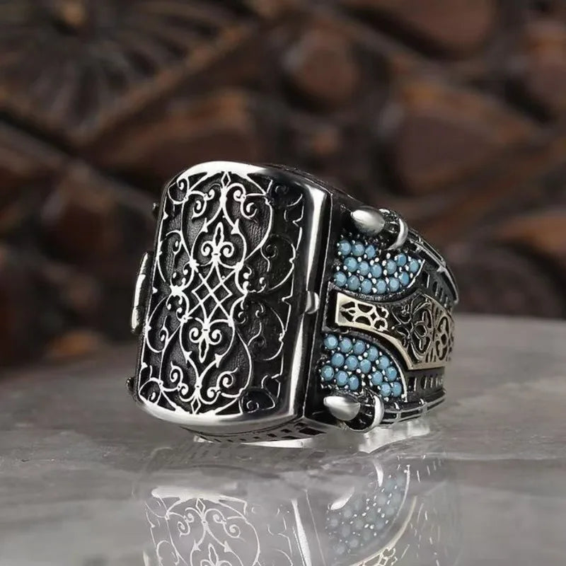 European and American new fashion armor shield shape retro engraved flip men's ring