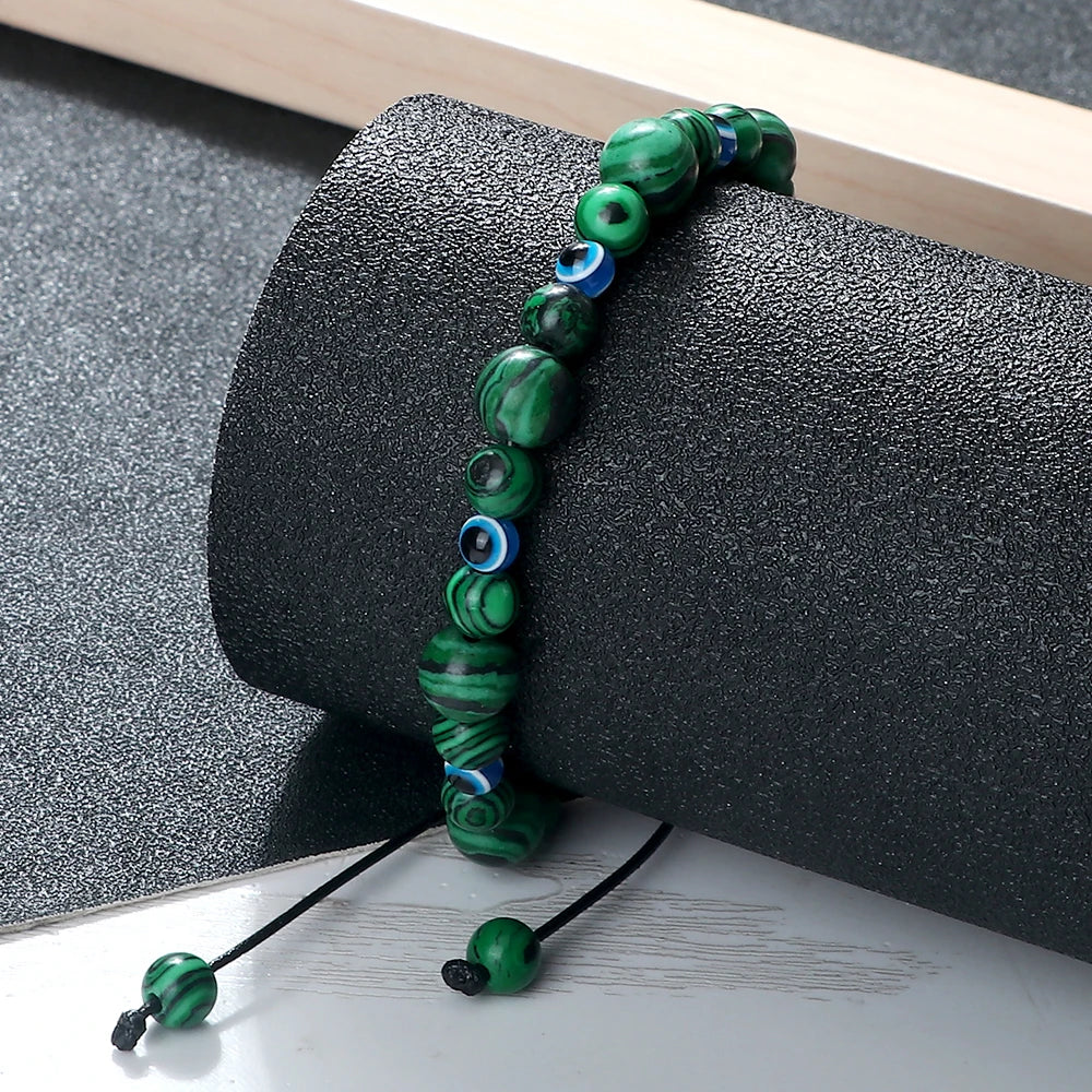 6 8mm Natural Stone Beads Bracelet for Women Men Blue Turkish Evil Eye Braided Chain Bangle Lucky Couple Jewelry Gift