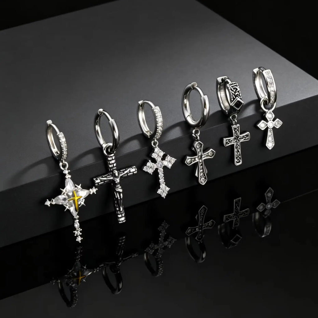 Jesus Cross Textured Dangle Earrings — Stainless Steel