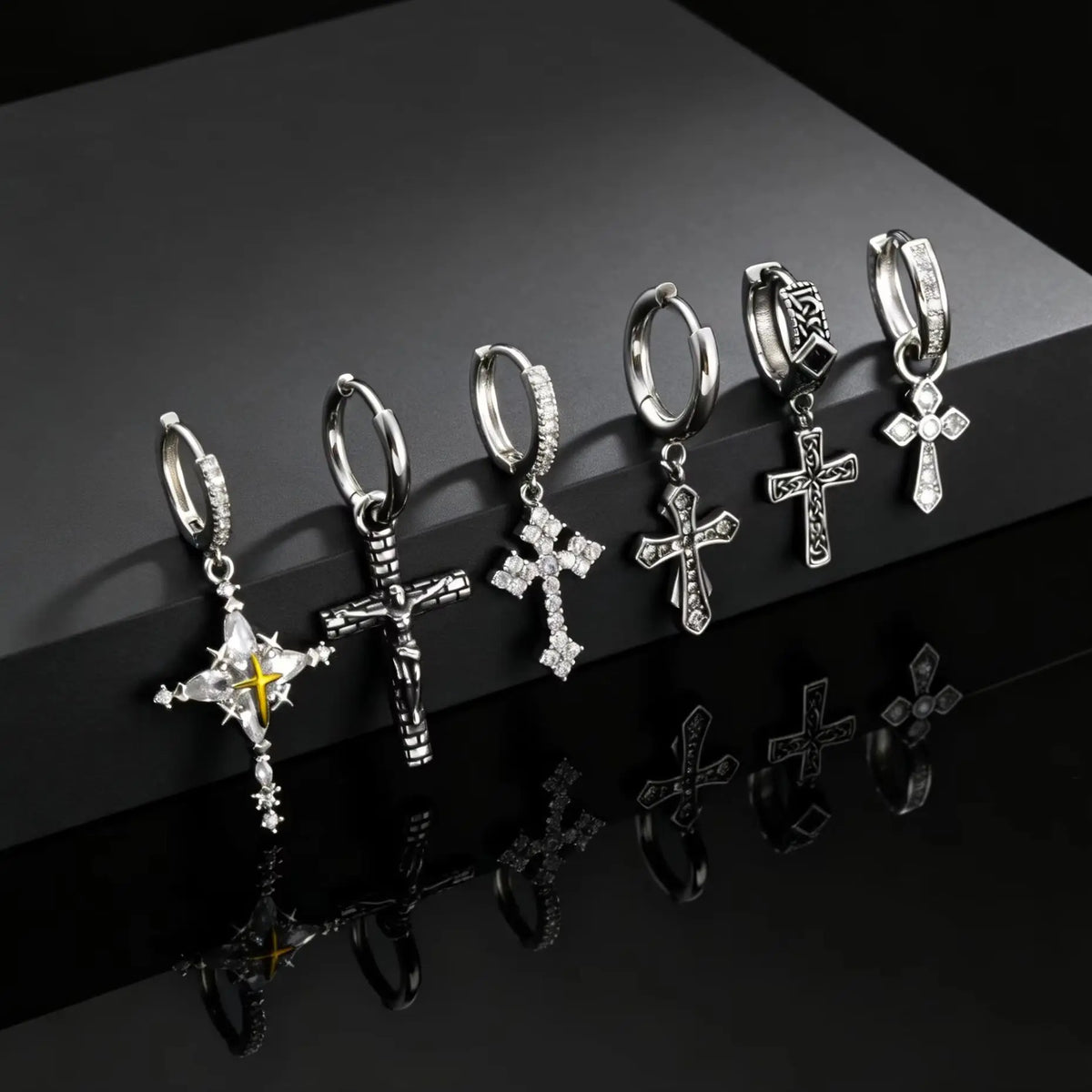 Classic Texture Cross Pendant Earrings for Men, Stainless Steel Jesus Drop Dangle Earrings, Unique Religious Ear Jewelry Gifts