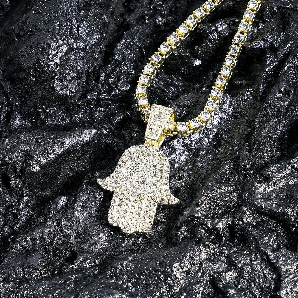 Men's Women Hip Hop Hamsa Hand Pendants Necklaces With 4mm Crystal Tennis Chain Punk  Rapper Jewelry Hiphop Style Couple Gifts