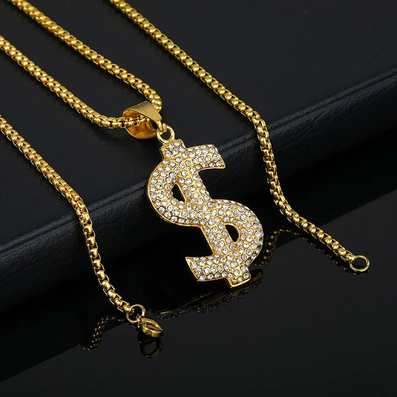 Hip Hop Bling Iced Out Stainless Steel Dollar Sign $ Pendants Necklace for Men Rapper Jewelry Gold Color