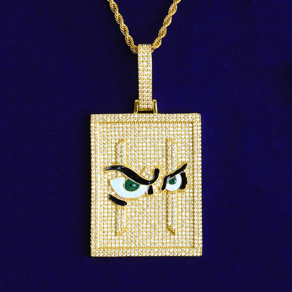 Bubble Letter Iced Out Bird Eye Dog Tag Necklace Pendant for Men Real Gold Plated 5A Cubic Zirconia Hip Hop Jewelry