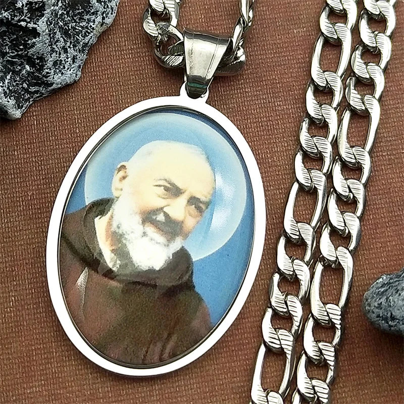 Catholic Padre Pio Saint Father Glass Medal Pendant Necklace for Women Men Stainless Steel Gold Color Religious Amulet Jewelry