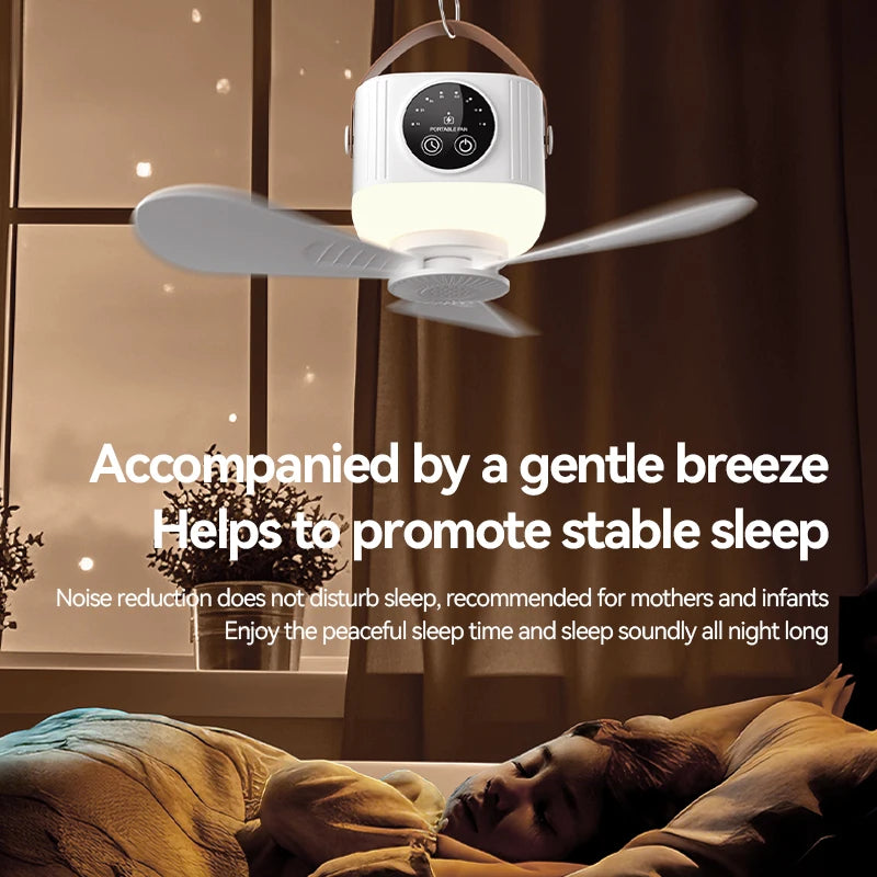 Portable Ceiling Fan, 4 Speeds, LED Display, 3-Level Night Light, 1-8H Timer, 3600mAh, Remote Control, Quiet USB Fan