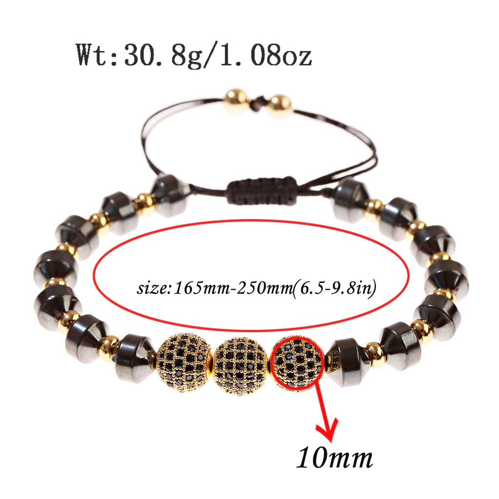 Luxury Micro Pave CZ 8mm Disco Charm Men Bracelet Classic Hematite Beaded Woven Bracelets Bileklik Women Jewelry