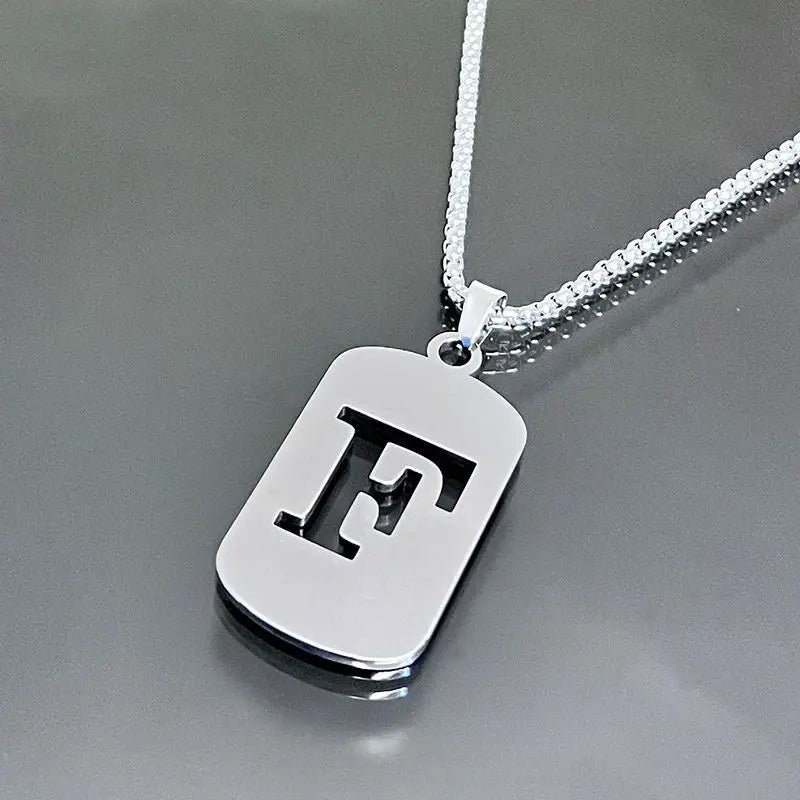 Initial Letter Tag Pendant Necklace — Stainless Steel