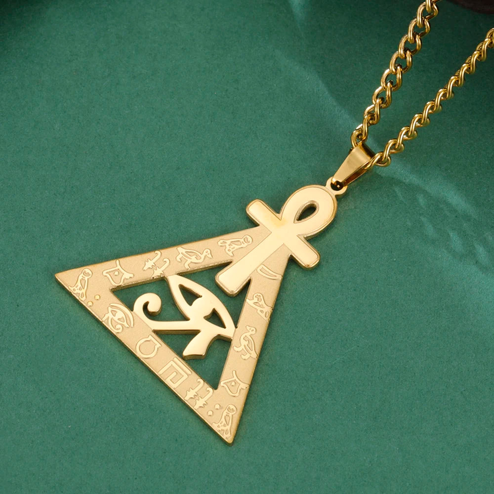 Ankh Cross Eye of Ra Necklace Egyptian Hieroglyphs Pyramid Pendant for Men Women Stainless Steel Spiritual Protection Jewelry