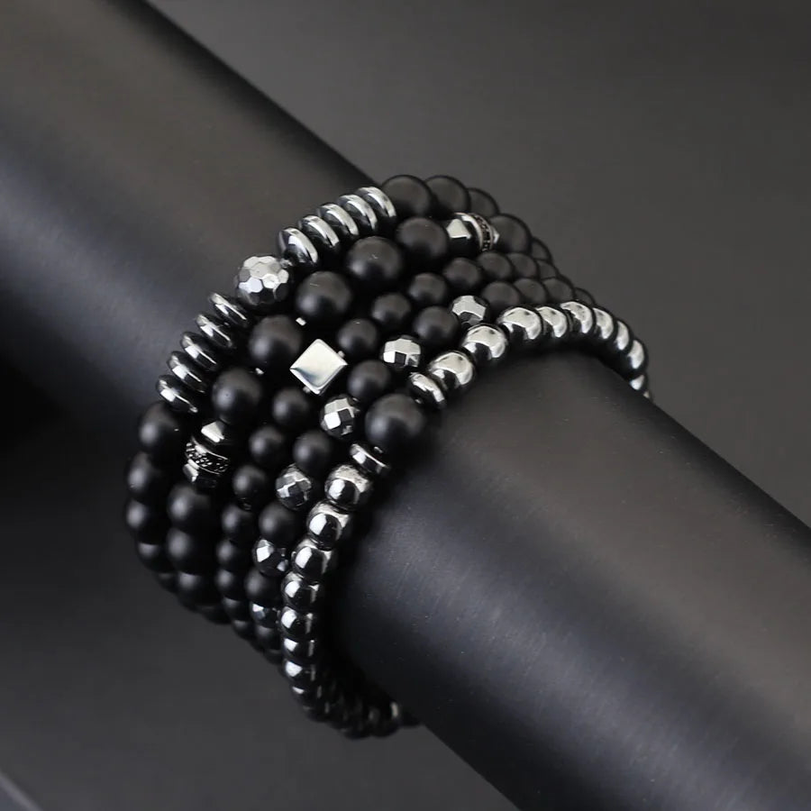 Black-Tone Beaded Bracelet Set — 6mm 8mm Wrap
