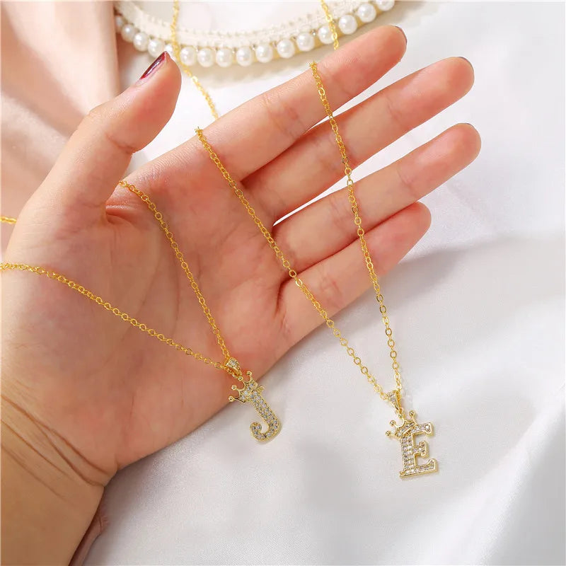 Crown Initial Letter Pendant Necklace — Copper