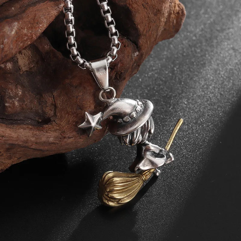 Gold Star Witch Pendant Necklace Retro