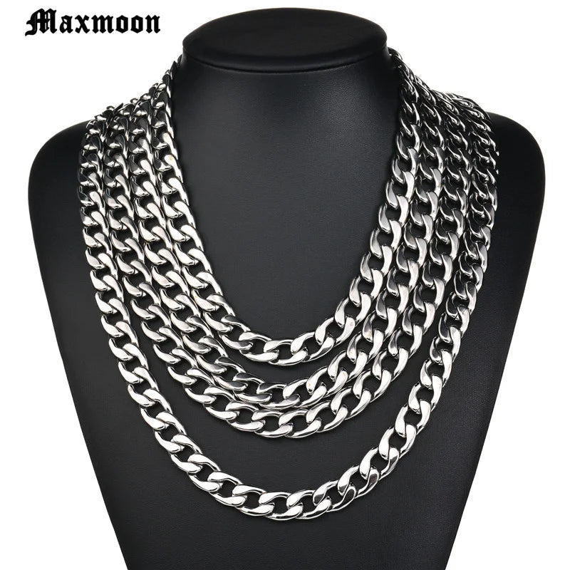 MAXMOON 1 piece Width 3mm/5mm/7mmCurb Cuban Link Chain Necklace for Men Women Basic Punk Stainless Steel Chain Chokers