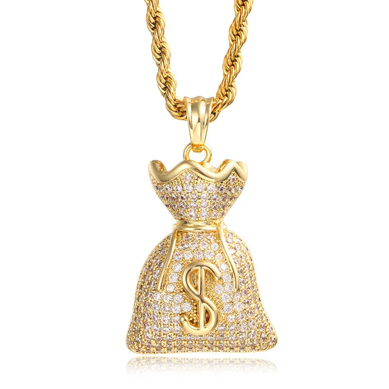 Iced Out Dollar Money Bag Pendant Necklace Hip Hop Full Zircon Unisex Cuban Chain Nightclub Party Jewelry Birthday Gift For Men