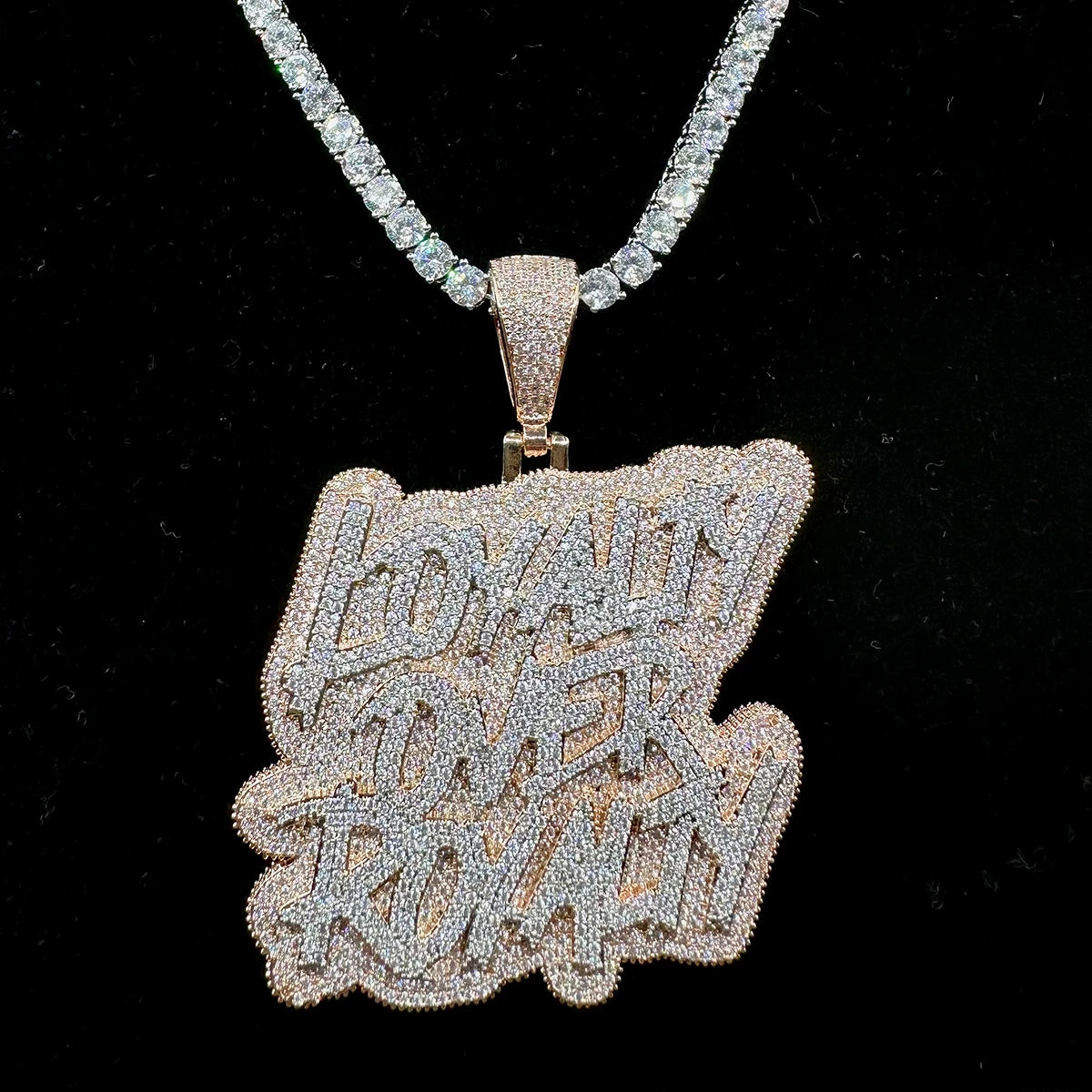 Aokaishen New Iced Out Bling CZ Loyalty Over Royalty Pendant Necklace Cubic Zirconia Two Tone Color Charm Women HipHop Jewelry
