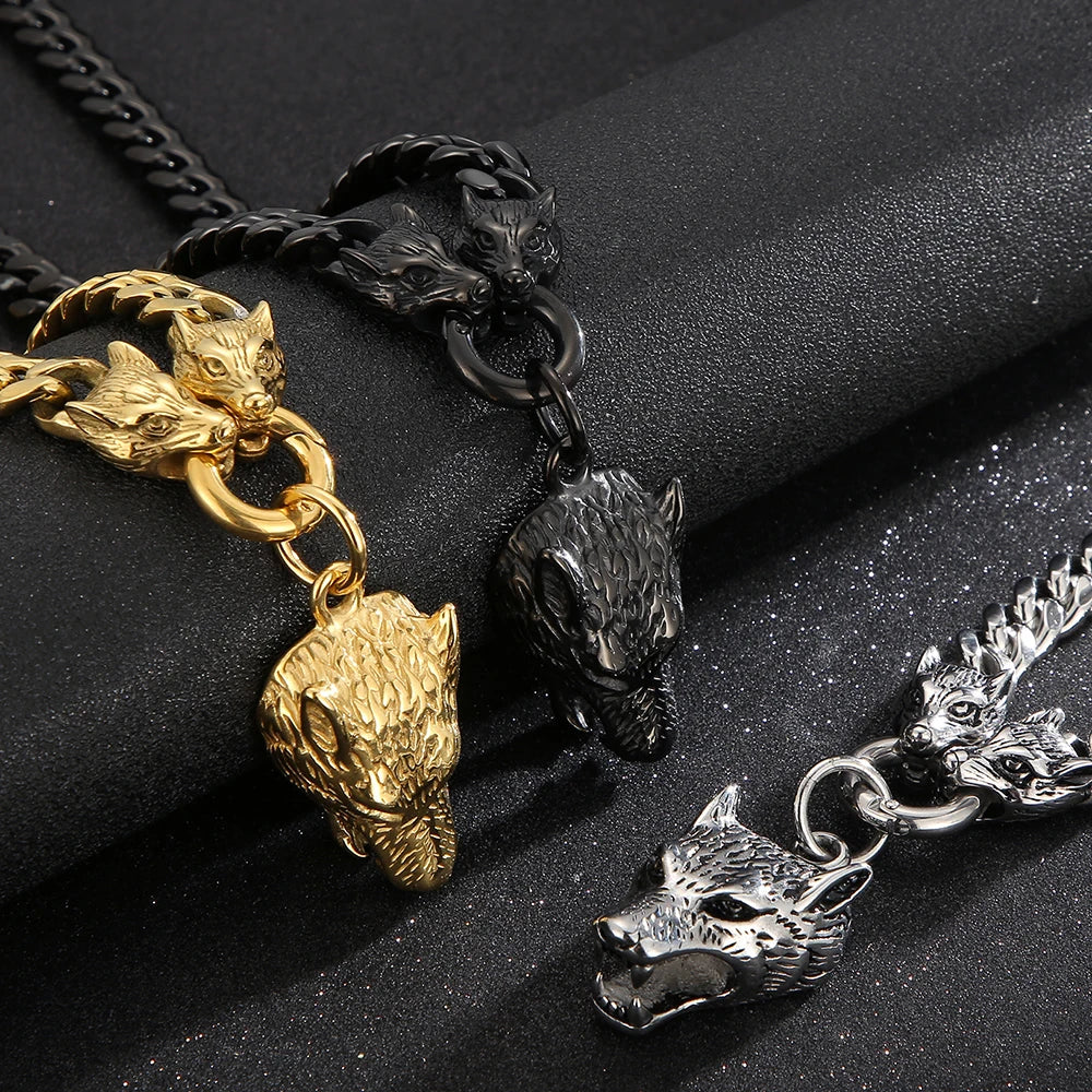 Massive Men's Wolf Head Pendant Necklace for Man 316L Stainless Steel Cuban Link Chain Gothic Hip Hop Streetwear Viking