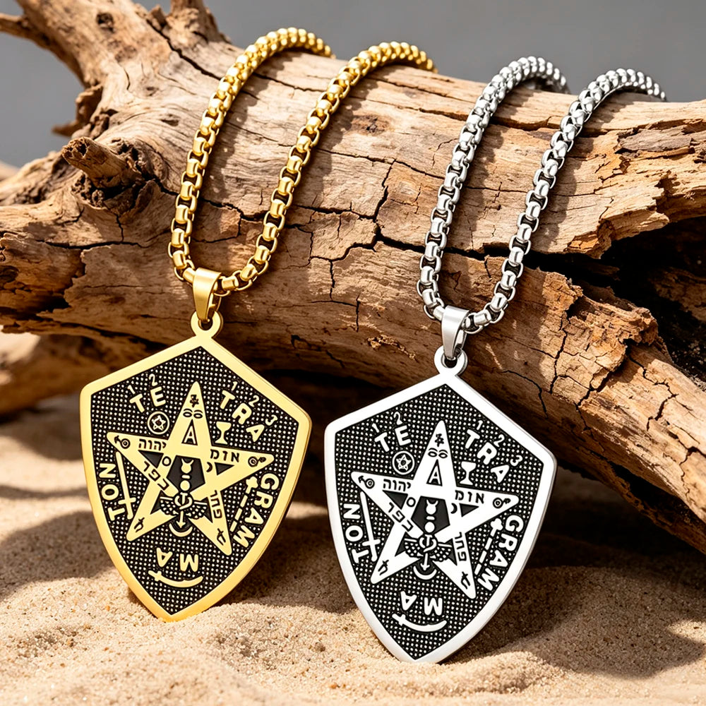 Tetragrammaton Shield Men Necklace Pentagram Protection Amulet Magical Healing Symbol Stainless Steel Wiccan Jewelry