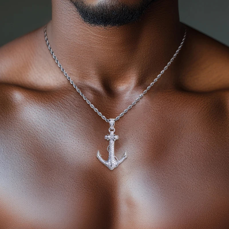 Iced Out Anchor Pendant — 14K Gold