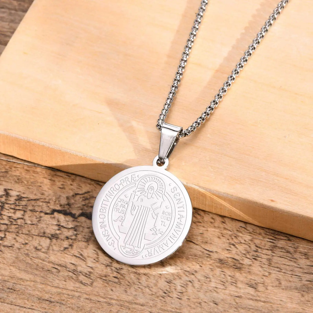 Vnox Men Saint Benedict Medal Necklace, Gold Color Stainless Steel Christian Sacramental Catholic Jewelry Gift,with Box