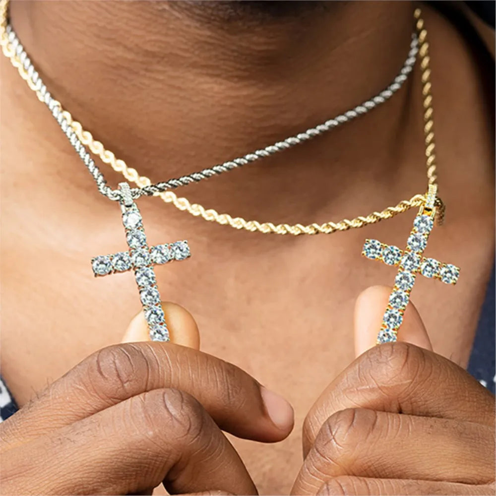 Gold Iced Out Cross Pendant Rope Cuban Chain