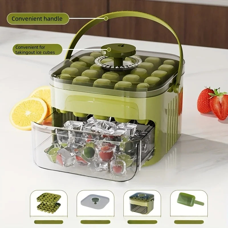Compact Double Layer Ice Cube Tray with Lid and Bin, Pull-Out Ice Drawer with Portable Handle, Kitchen Accessories
