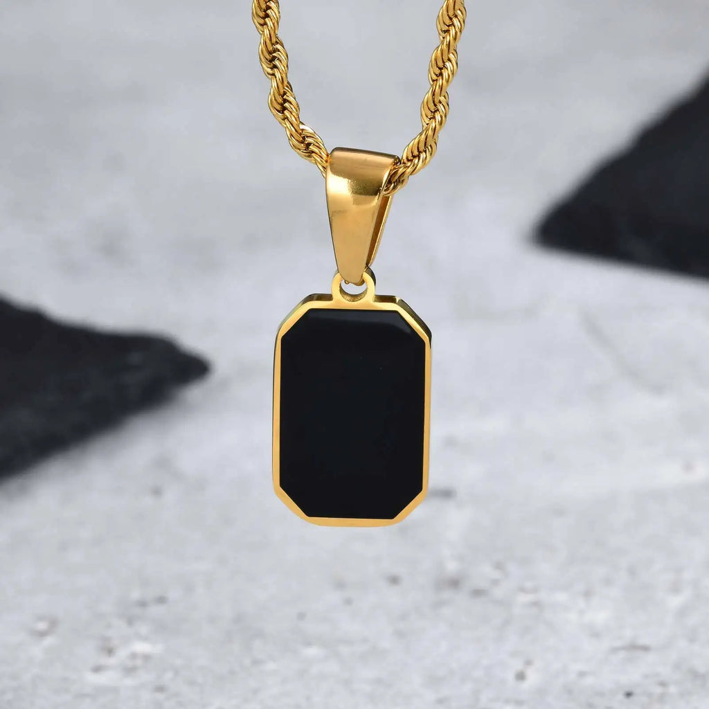Black Enamel Rectangle Rope Chain Pendant
