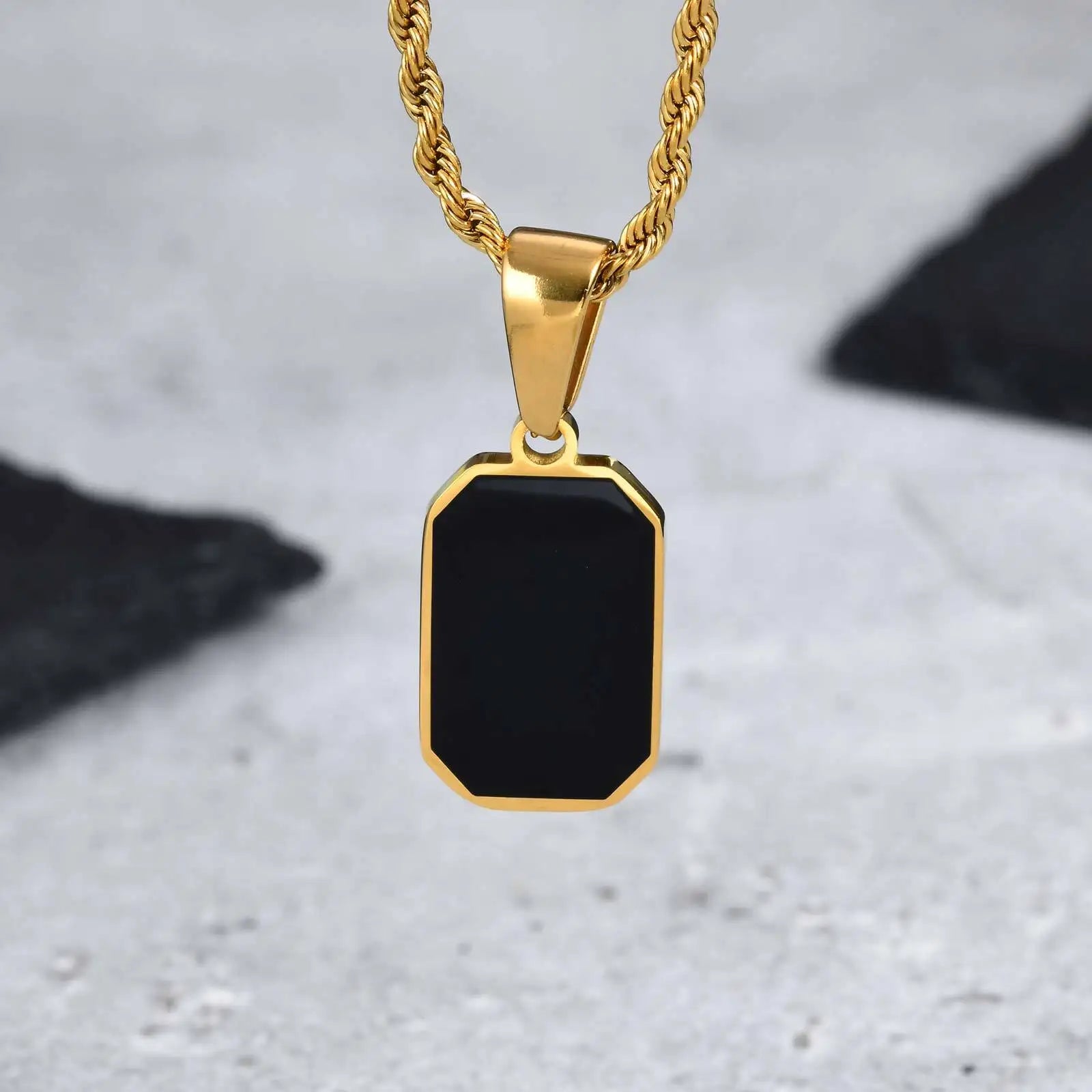 Black Enamel Rectangle Rope Chain Pendant