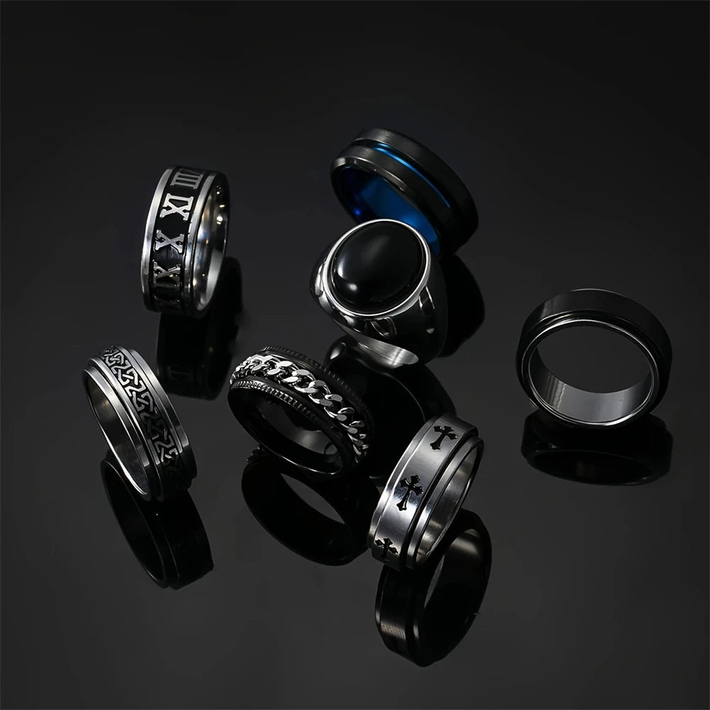 Viking Rune Cross Ring Set for Men — 7-Piece Stainless Steel
