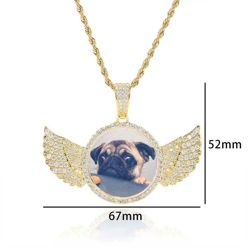 Angel Wing Photo Pendant Necklace Iced Out CZ