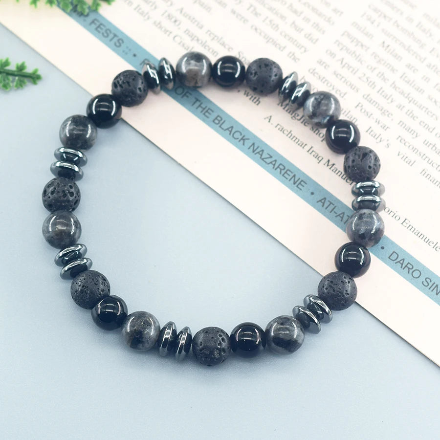 Classic Black Natural Labradorite Volcanic Stone Round Bead Bracelet Health Protection Wealth Luck Accessory Men 팔찌