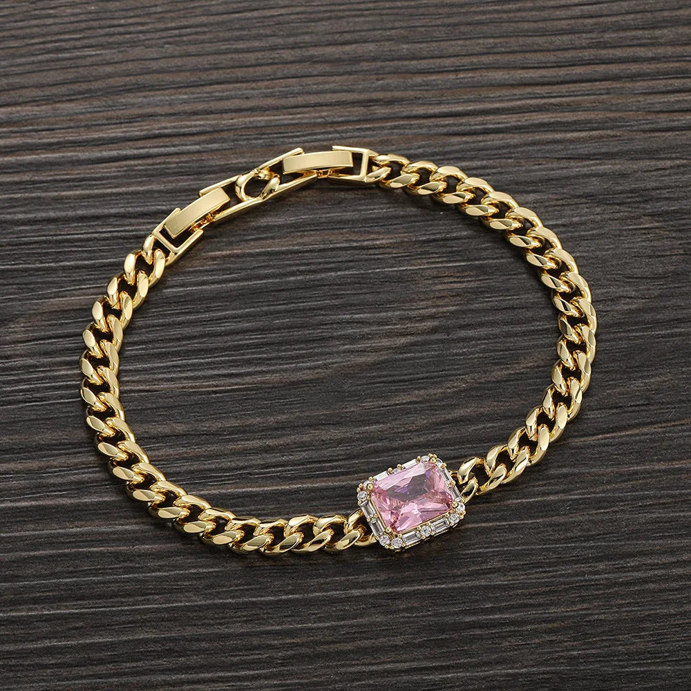 Iced Out Cuban Bracelet Stainless Steel Square Stone