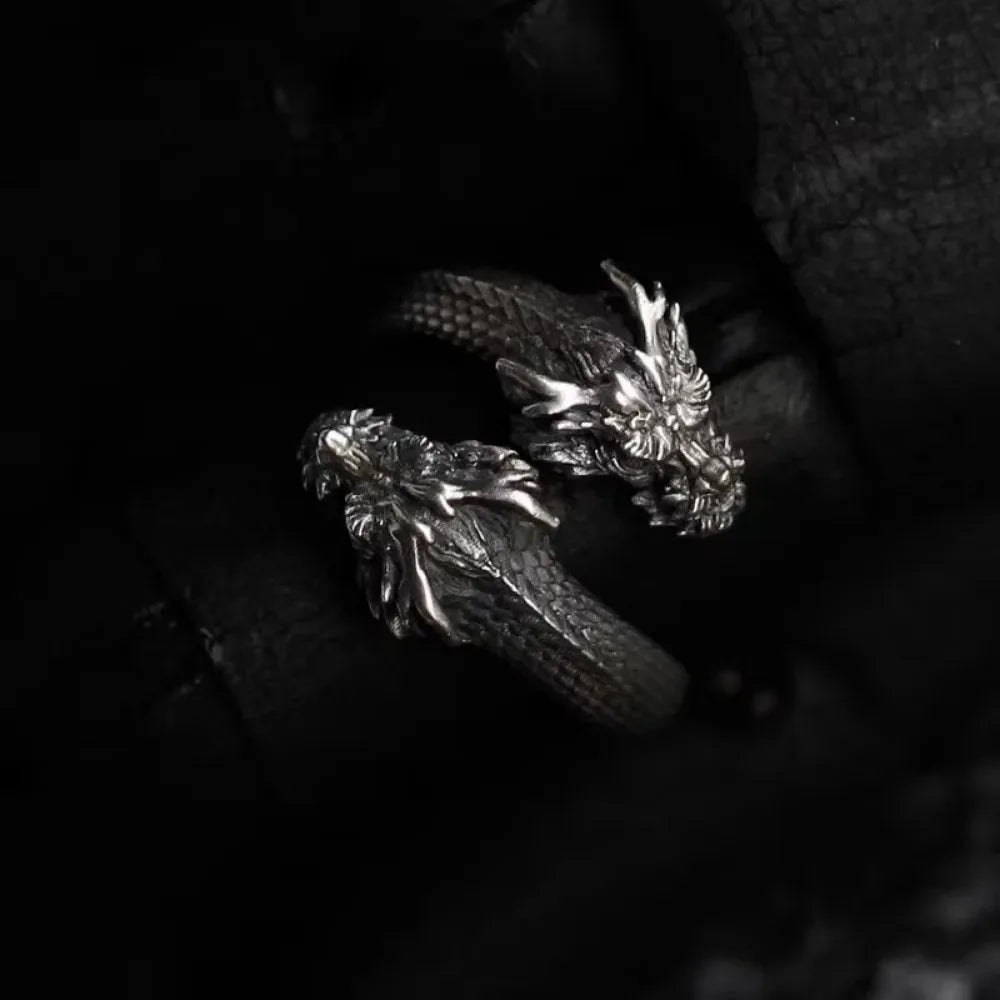 New Personalized Retro Domineering Trend Two-headed Dragon Ring Men Women Punk Adjustable Ring Hip Hop Rock Simple