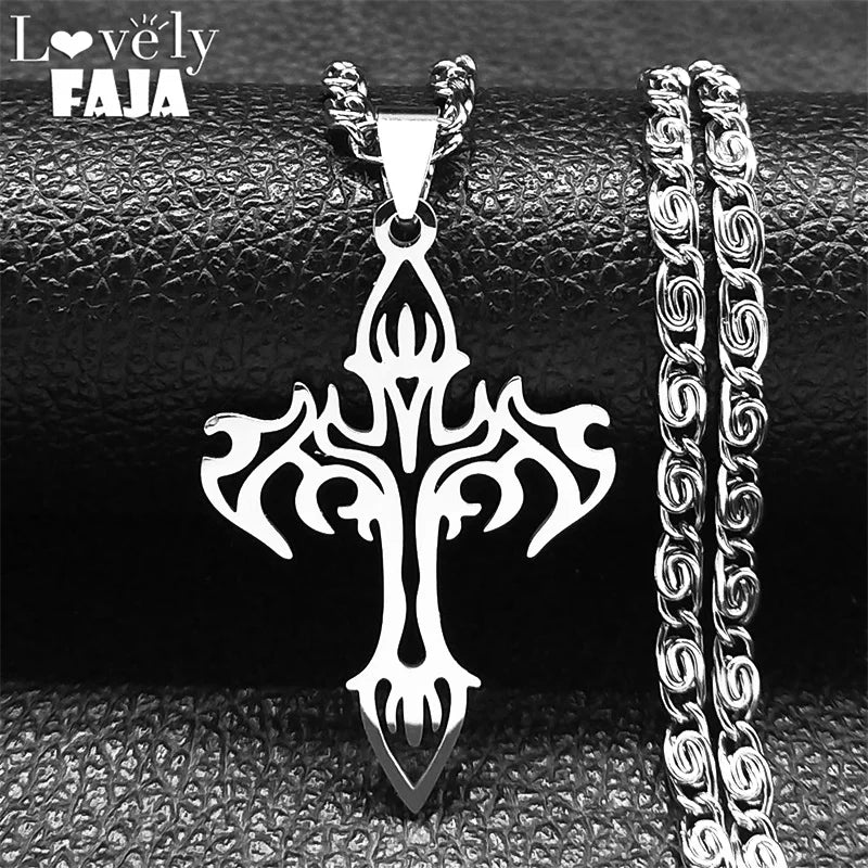 Gothic Cross Silver Pendant Flame Rock Colgante