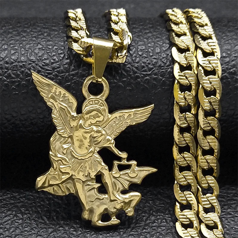 SAINT MICHAEL PROTECT US Archangel Stainless Steel Pendant Necklace for Women Men Gold Color Necklace Choker Jewelry