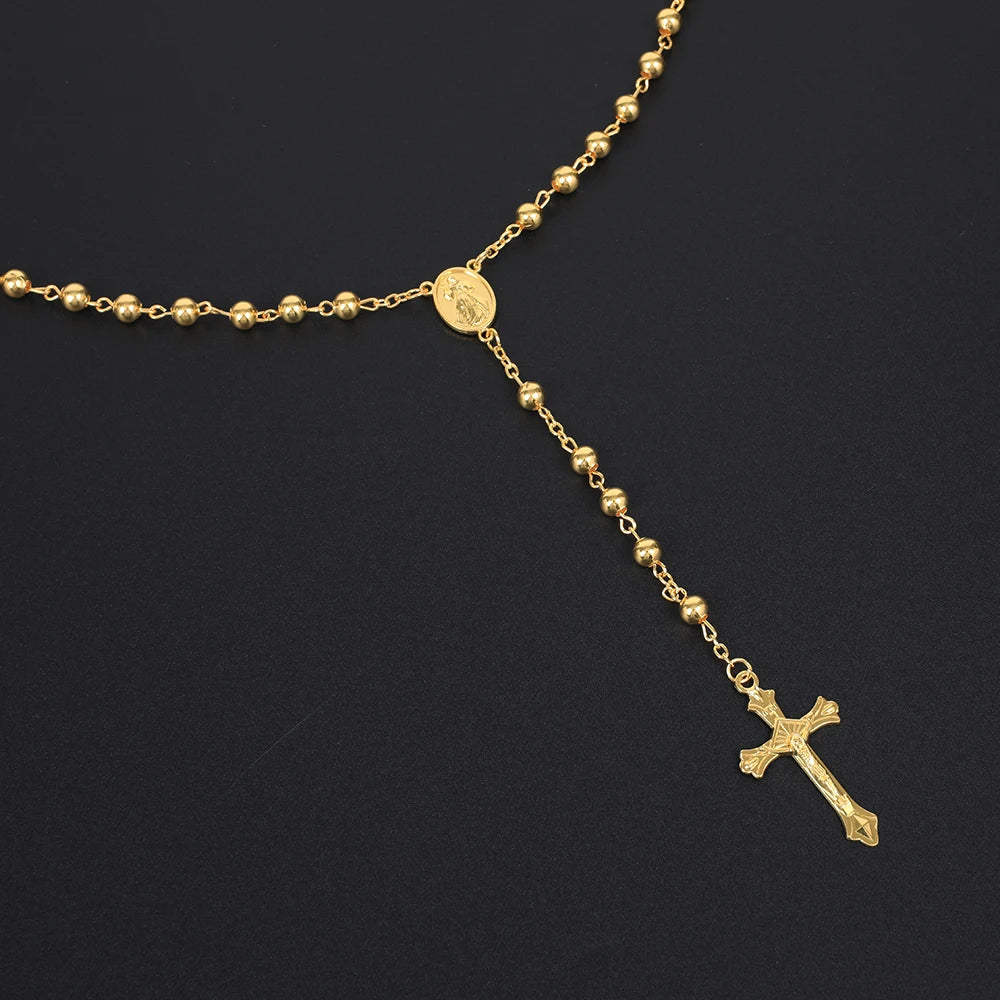 6MM Rosary Necklaces For Women Men Long Gold Silver Color Chain Crucifix Cross Pendant Necklace Religious Prayer