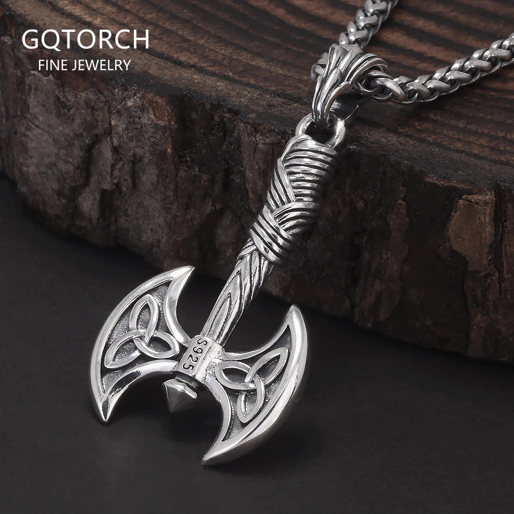 Viking Double Axe Silver Warrior Pendant Necklace
