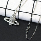Fashion Rhinestone Skull Cross Saturn Couples Chain Silver Color Metal Necklace Punk Women Men Party Jewelry Gifts