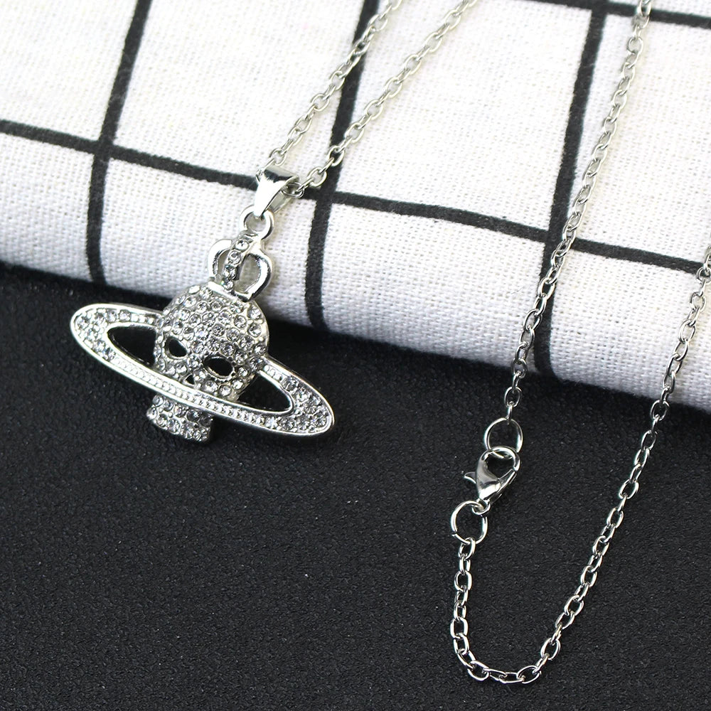 Fashion Rhinestone Skull Cross Saturn Couples Chain Silver Color Metal Necklace Punk Women Men Party Jewelry Gifts