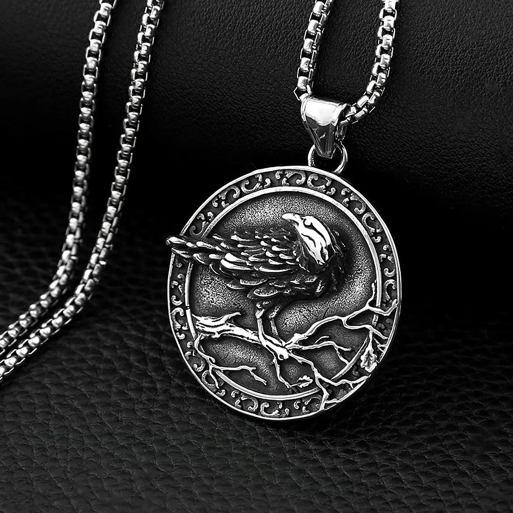 Viking Raven on Branch Tree of Life Necklace — Stainless Steel