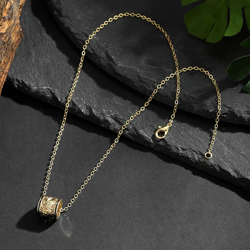 Huitan Hollow Carved Flower Barrel Pendant Necklace for Women Black Enamel Edge Cylinder Bead Vintage Floral Female