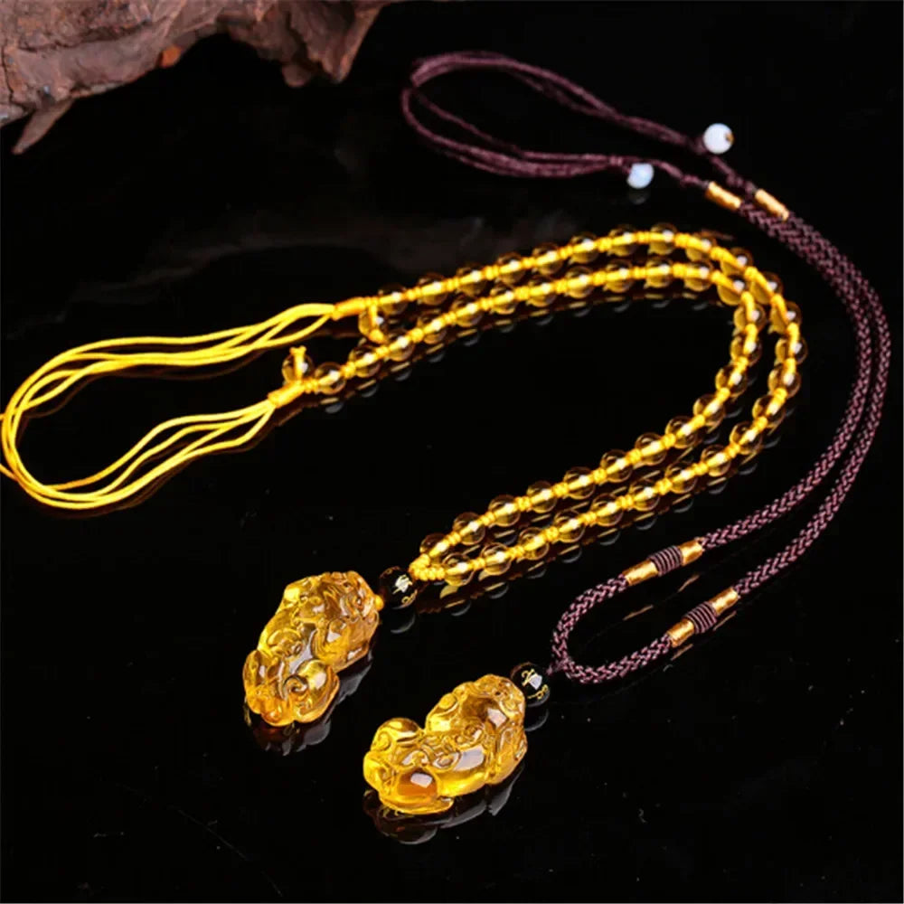 Citrine Pixiu Wealth Pendant Necklace — Crystal Amulet