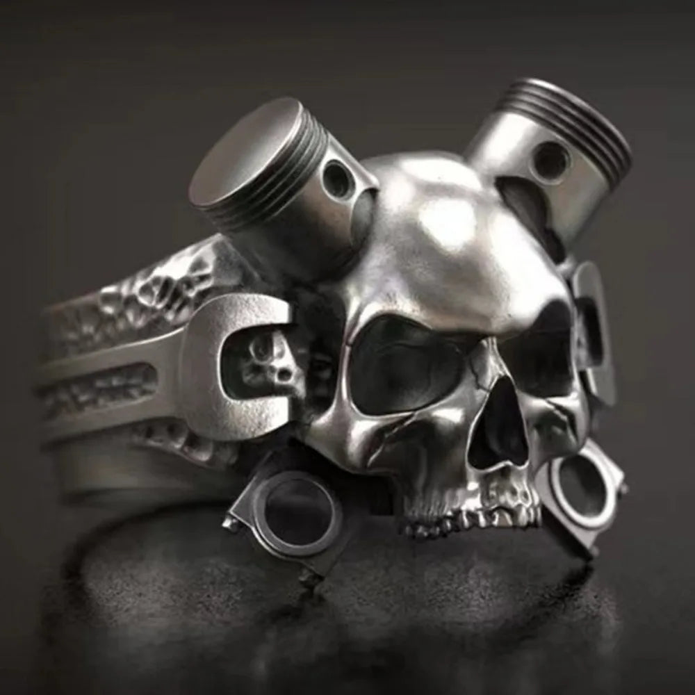 Steampunk Wrench Skull Ring — Gothic Statement
