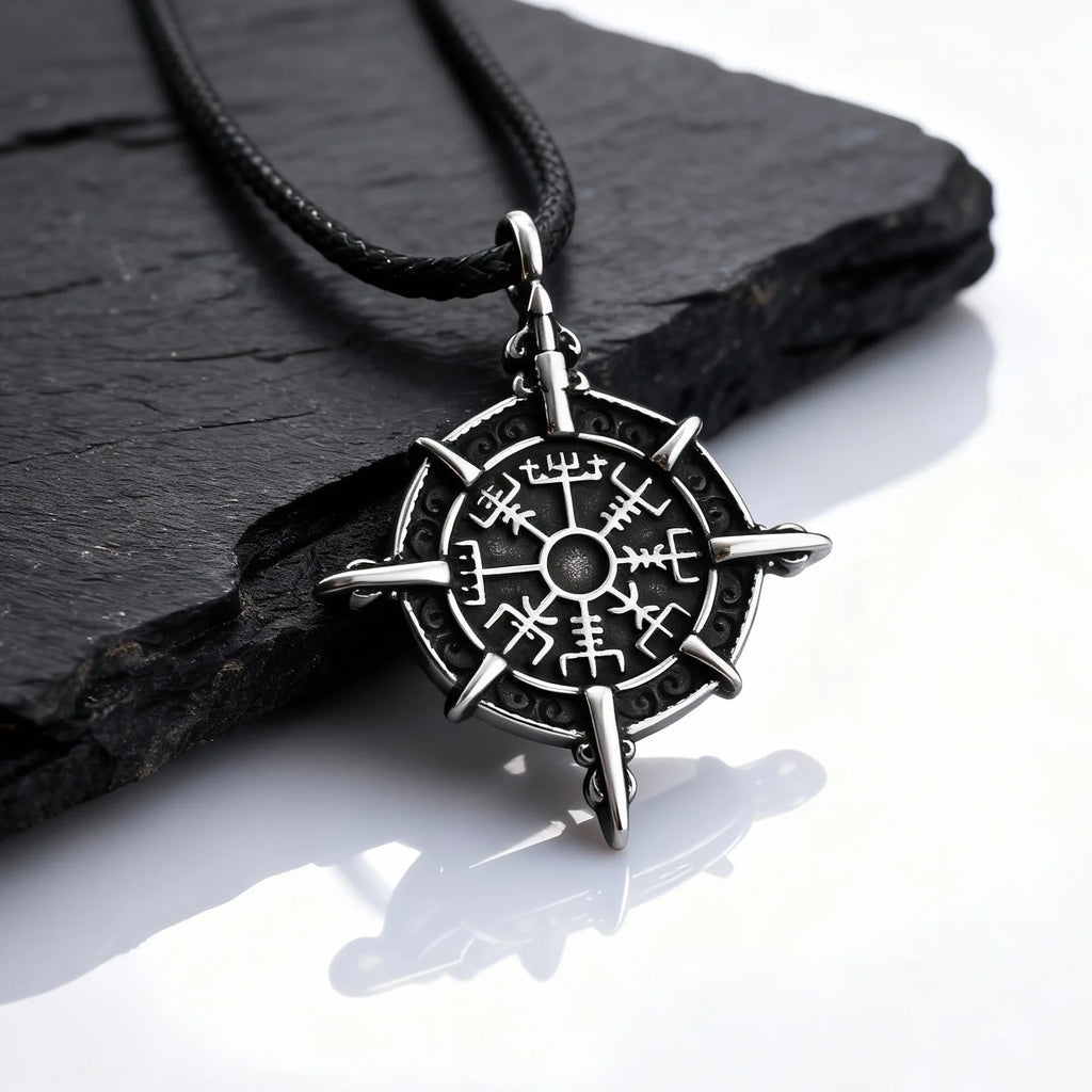 Retro Viking Rune Compass Necklace for Men Boys,Gun black Stainless Steel Talisman Collars,Stylish Punk Jewelry Gift