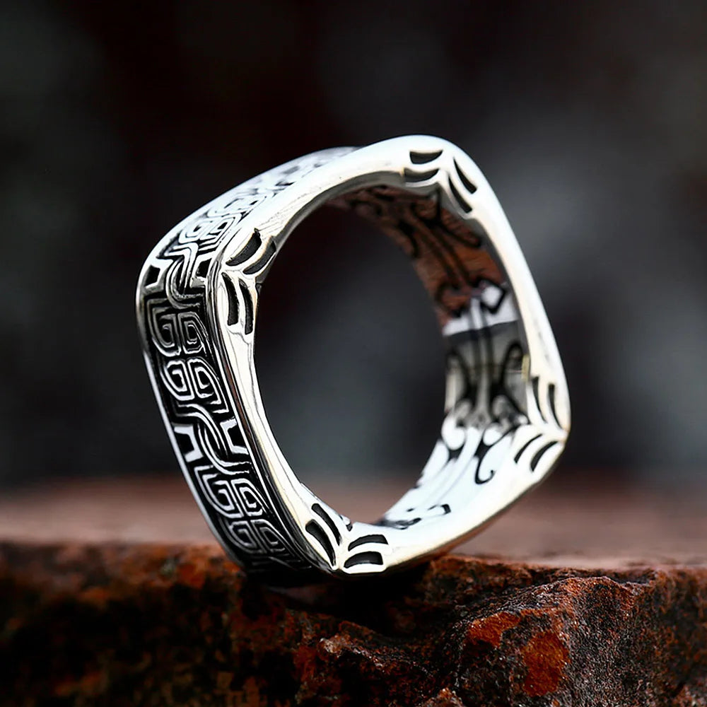 Viking Steel Ring Vintage Square Embossed Pattern