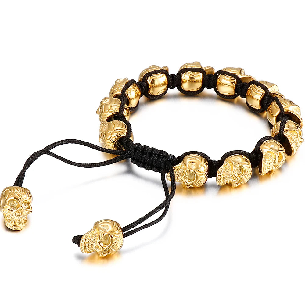 Handmade Braided Man Bracelet Skull Beads On Hand Bands Bracelets for Men Punk Gothic Stainless Steel Men's Jewelry