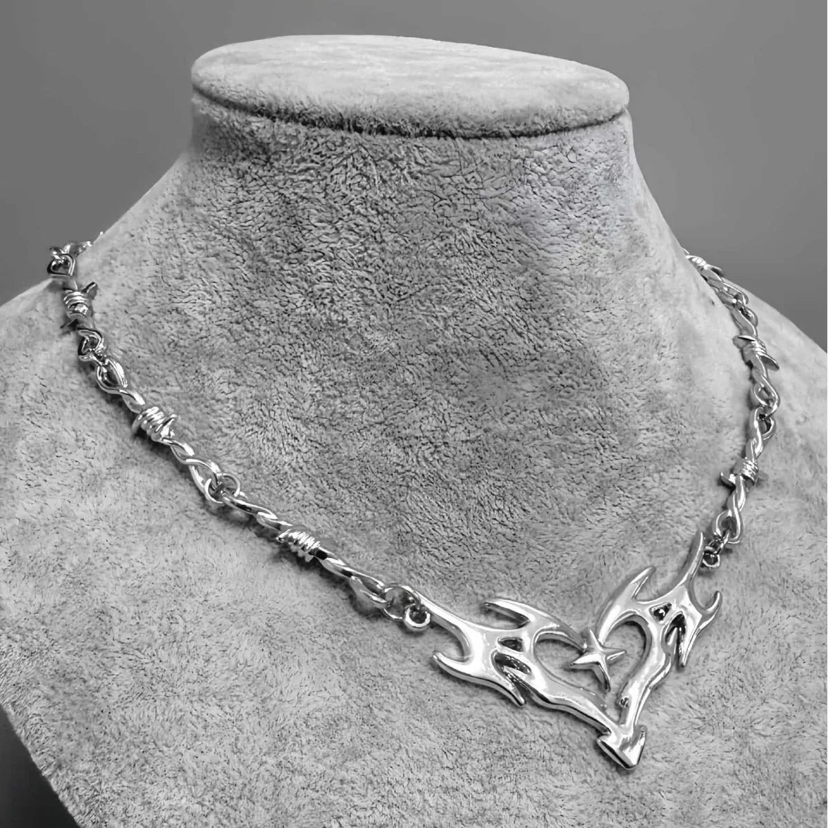 Flame Heart Choker Necklace — Barbed Wire Thorns, Y2K Gothic