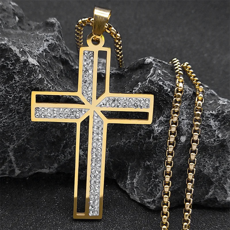 Catholic Open Cross Rhinestone Pendant Necklace — Stainless Steel