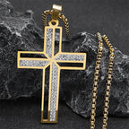 Catholic Open Cross Rhinestone Pendant Necklace — Stainless Steel