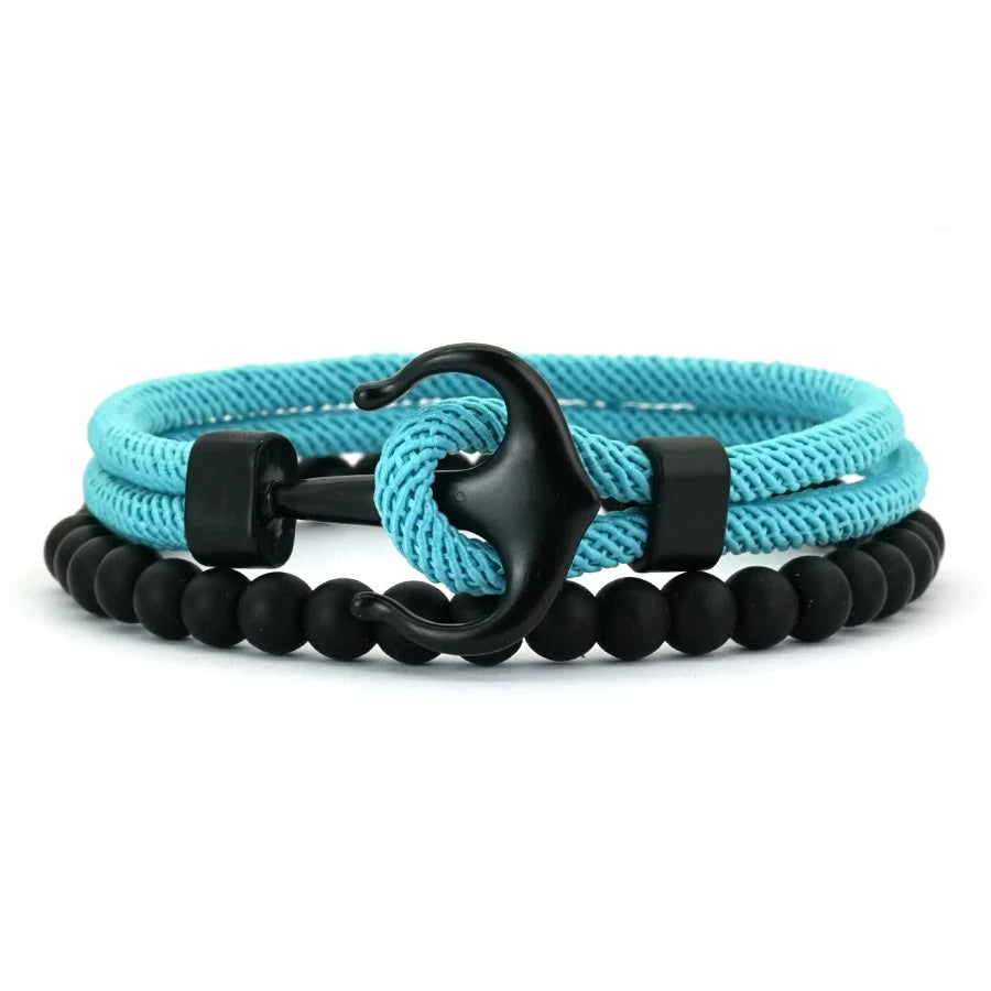 Stylish 2Pcs Men Anchor Bracelet Set Grade A 4mm Cord Sweat Wicking Sports Wrist Accessories Perfect Gift For Him